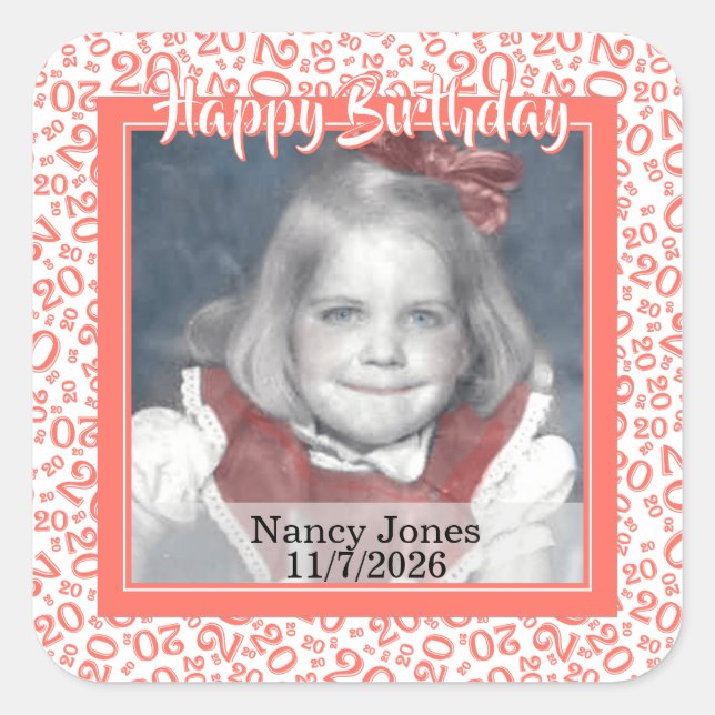 20 Your Photo Random Number Pattern Coral/White Square Sticker (Front)