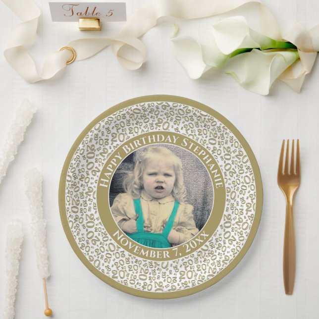 20 Your Photo Random Number Pattern Gold/White Paper Plate (Wedding)