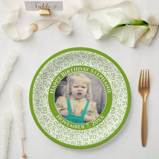 20 Your Photo Random Number Pattern Green/White Paper Plate (Wedding)