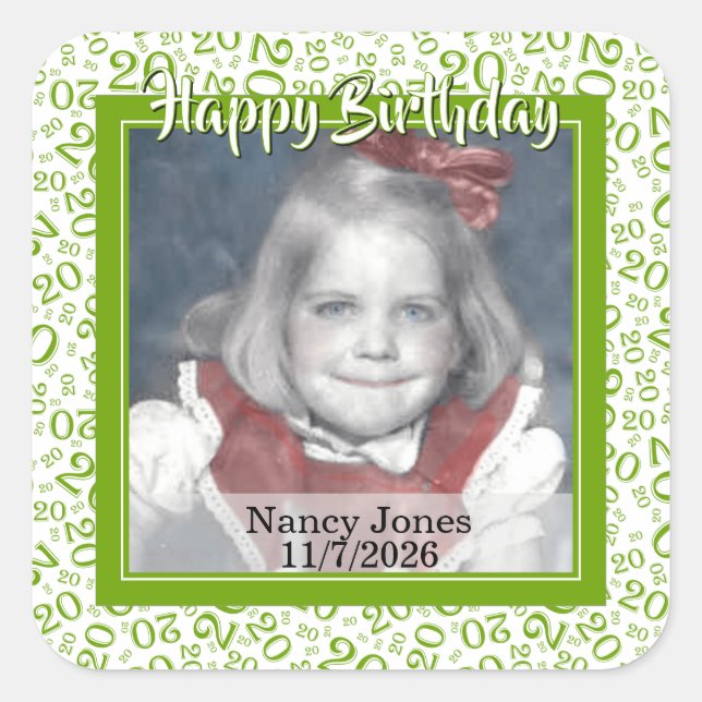 20 Your Photo Random Number Pattern Green/White Square Sticker (Front)