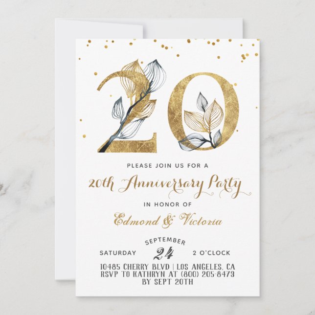 20e anniversaire Gold Floral Invitation (Devant)
