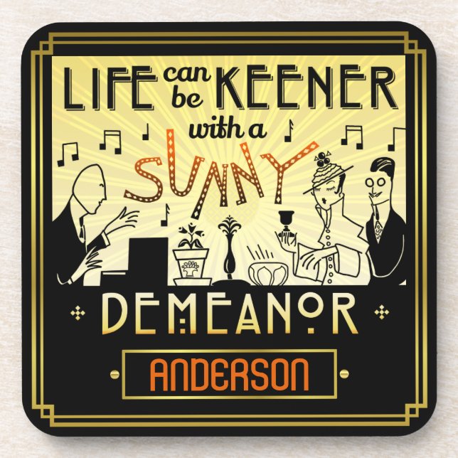 20s Retro Art Deco Sunny Demeanor Custom Name Coaster (Front)