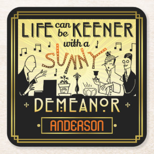 20s Retro Art Deco Sunny Demeanour Custom Name Square Paper Coaster