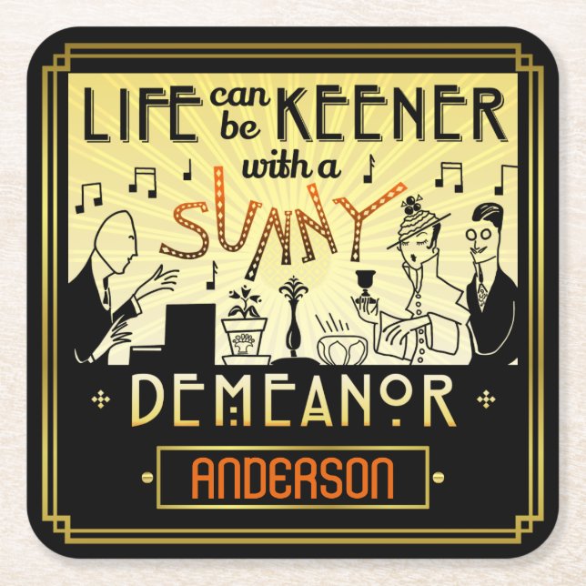 20s Retro Art Deco Sunny Demeanour Custom Name Square Paper Coaster (Front)