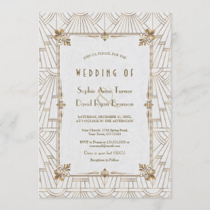 20s Royal Fleur-de-Lis Art Deco Gold White Wedding Invitation