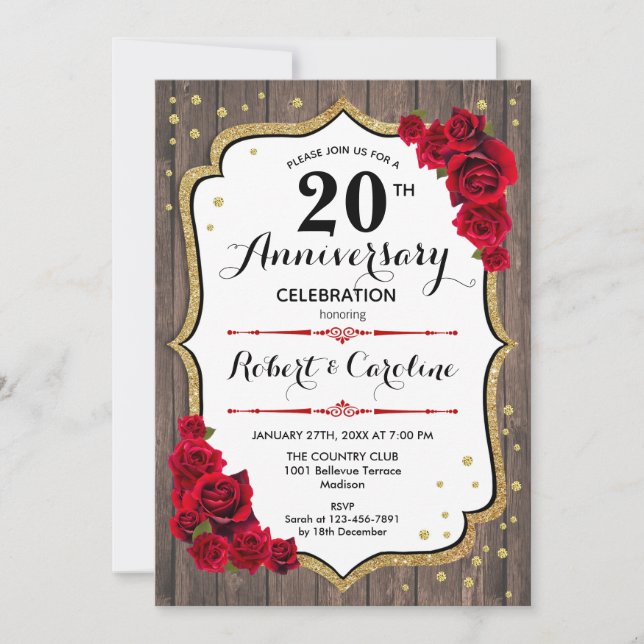 20th Anniversary Invitation - Wood Gold Red (Front)