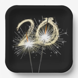20th Anniversary Party Sparklers on Black  Paper Plate
