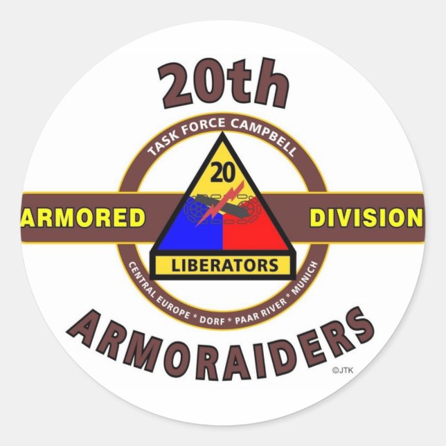 20TH ARMORED DIVISION "ARMORAIDERS" CLASSIC ROUND STICKER (Front)