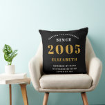 20th Birthday 2005 Black Gold lady's Personalized Throw Pillow<br><div class="desc">A personalized classic throw pillow design for that birthday celebration for special person born in 2005. Add the name to this vintage retro style black, white and gold design for a custom birthday gift. Easily edit the name and year with the template provided. A wonderful custom birthday gift. More gifts...</div>