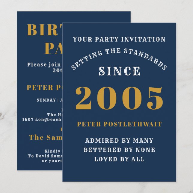 20th Birthday 2005 Blue Gold Personalized For Him Invitation (Front/Back)