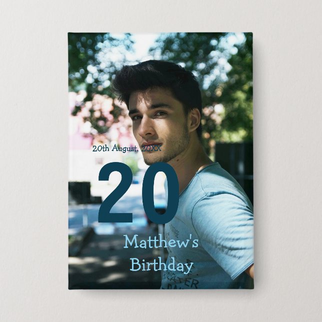 20th birthday add name photo date man blue white s (Front)