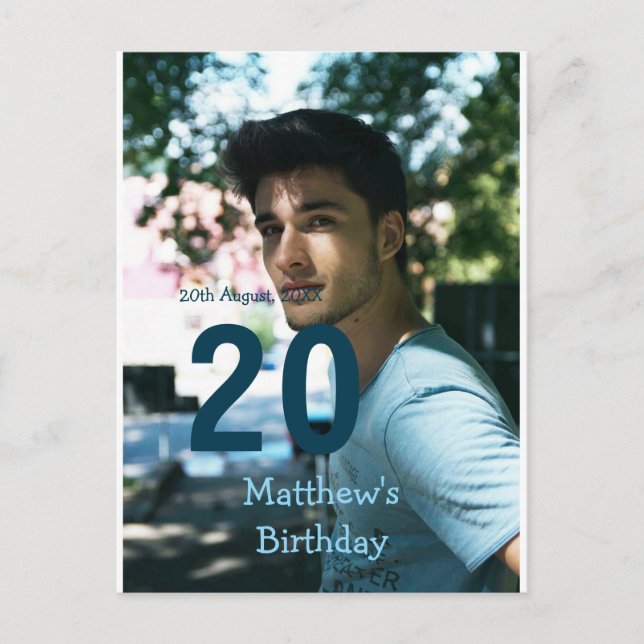 20th birthday add name photo date man blue white s postcard (Front)