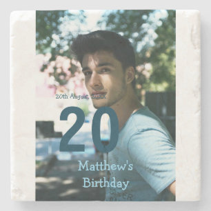 20th birthday add name photo date man blue white s stone coaster