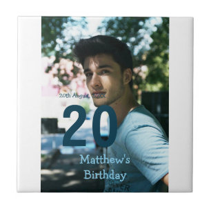 20th birthday add name photo date man blue white s tile