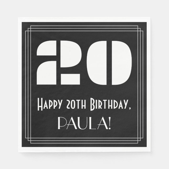 20th Birthday: Art Deco Inspired Look "20" + Name Napkin (Front)
