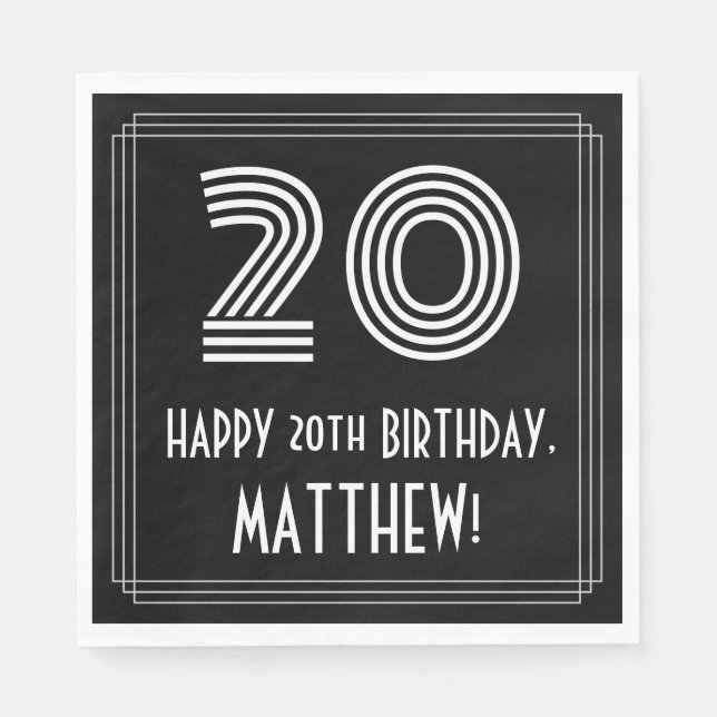 20th Birthday: Art Deco Inspired Look "20" + Name Napkin (Front)