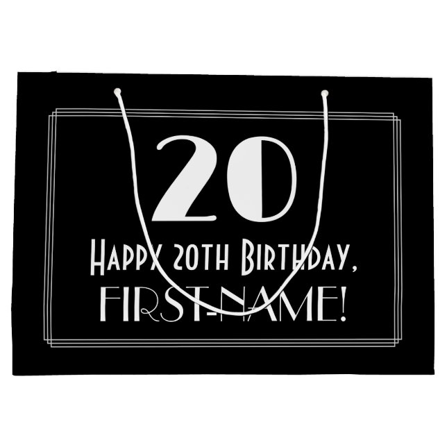 20th Birthday: Art Deco Inspired Style "20", Name Large Gift Bag (Back)