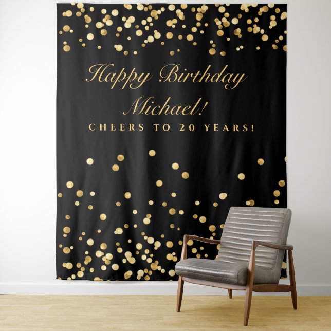 20Th Birthday Backdrop, Black And Gold Confetti Tapestry (In Situ)