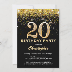 20th Birthday Black and Gold Glitter Confetti Invitation