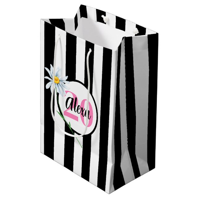 20th Birthday Black And White Stripes Medium Gift Bag (Front Angled)