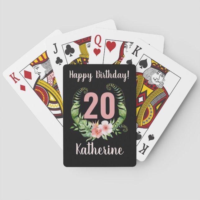 20th birthday black floral  playing cards (Back)