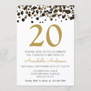 20th Birthday Black Gold Glitter Sparkle Confetti Invitation