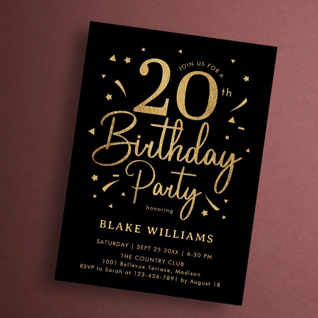 20th Birthday Black Gold Invitation (Creator Uploaded)