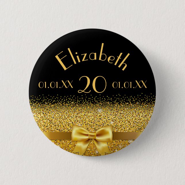 20th birthday black gold monogram 2 inch round button (Front)