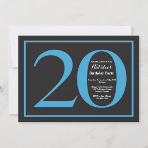 20th Birthday Blue and Black Chalkboard Invitation