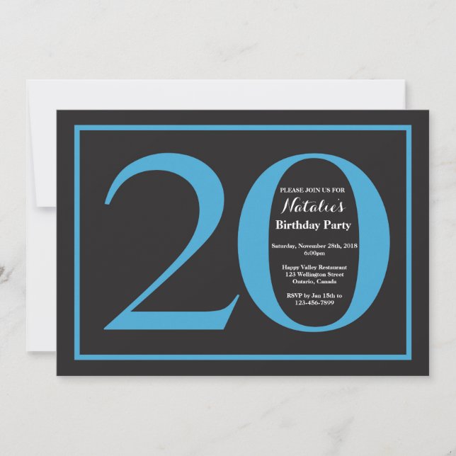 20th Birthday Blue and Black Chalkboard Invitation (Front)
