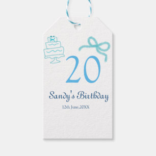 20th Birthday blue bow cake name date pastel retro Gift Tags