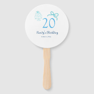 20th Birthday blue bow cake name date pastel retro Hand Fan
