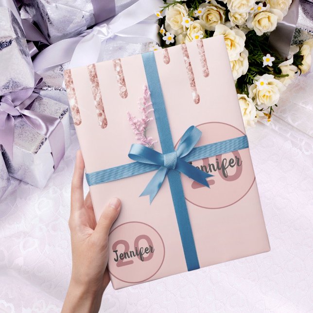 20th birthday blush rose gold glitter drips wrapping paper (Creator Uploaded)