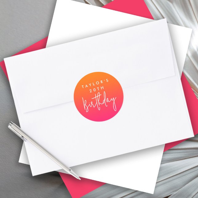 20th Birthday Bold Hot Pink and Orange Ombre Classic Round Sticker (Creator Uploaded)