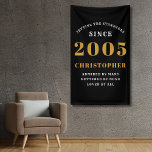 20th Birthday Born 2005 Add Name Black Gold Banner<br><div class="desc">20th Birthday Party Wall Banner - Customizable Black and Gold Decorative Piece. Celebrate an impressive milestone with our Birthday Party Wall Banner. This one-of-a-kind black and gold banner is not just a decoration, it's a statement piece. Customizable to your preferences, it's an elegant and fun way to mark the start...</div>