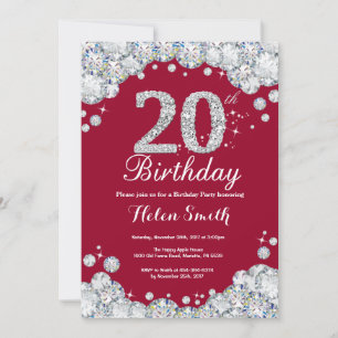 20th Birthday Burgundy Red and Silver Diamond Invitation