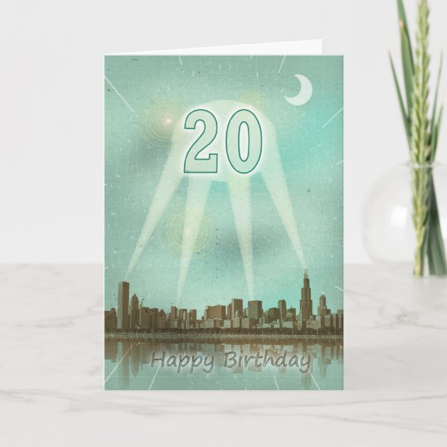 20th Birthday card with a city and spotlights (Front)