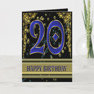 20th birthday card with gold and bubbles