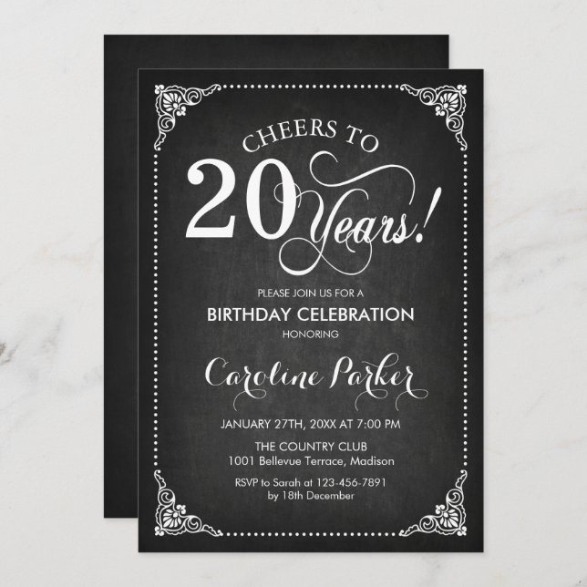 20th Birthday - Chalkboard White Invitation (Front/Back)