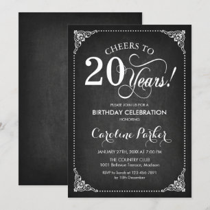 20th Birthday - Chalkboard White Invitation