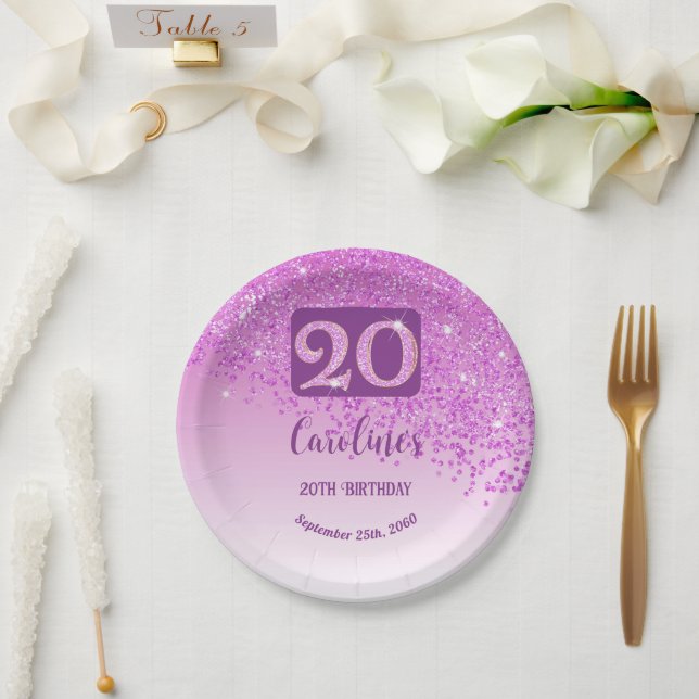 20th Birthday Chic Falling Pink Glitter Paper Plate (Wedding)