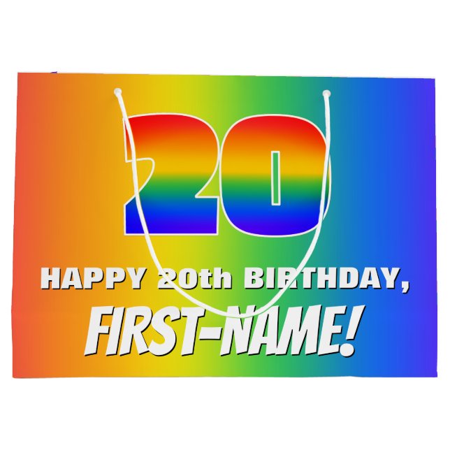 20th Birthday: Colourful, Fun Rainbow Pattern # 20 Large Gift Bag (Back)