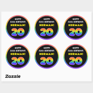 20th Birthday: Colourful Rainbow # 20, Custom Name Classic Round Sticker