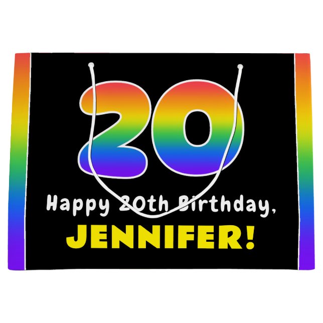 20th Birthday: Colourful Rainbow # 20, Custom Name Large Gift Bag (Front)
