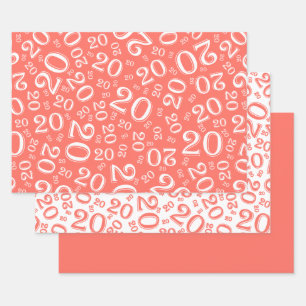 20th Birthday Coral/White Random Number Pattern 20 Wrapping Paper Sheet