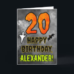 20th Birthday: Eerie Halloween Theme   Custom Name Card<br><div class="desc">The front of this scary and spooky Halloween themed birthday greeting card design features a large number “20”. It also features the message “HAPPY BIRTHDAY, ”, plus a personalized name. There are also depictions of a ghost and a bat on the front. The inside features a customized birthday greeting message,...</div>