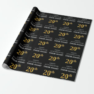 20th Birthday: Elegant, Black, Faux Gold Look Wrapping Paper