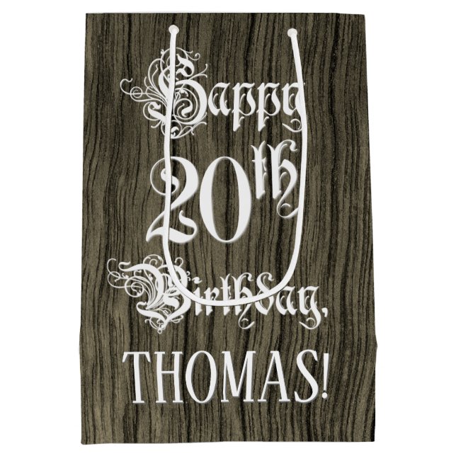 20th Birthday: Fancy, Faux Wood Look + Custom Name Medium Gift Bag (Back)