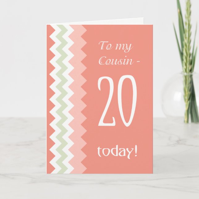 20th Birthday for Cousin, Coral, Mint Chevrons Card (Front)