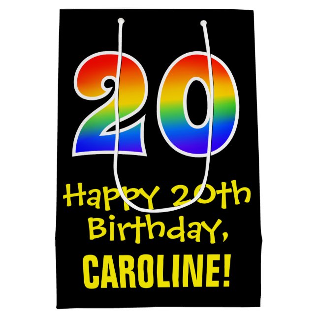 20th Birthday: Fun, Bold, Colourful, Rainbow "20" Medium Gift Bag (Back)